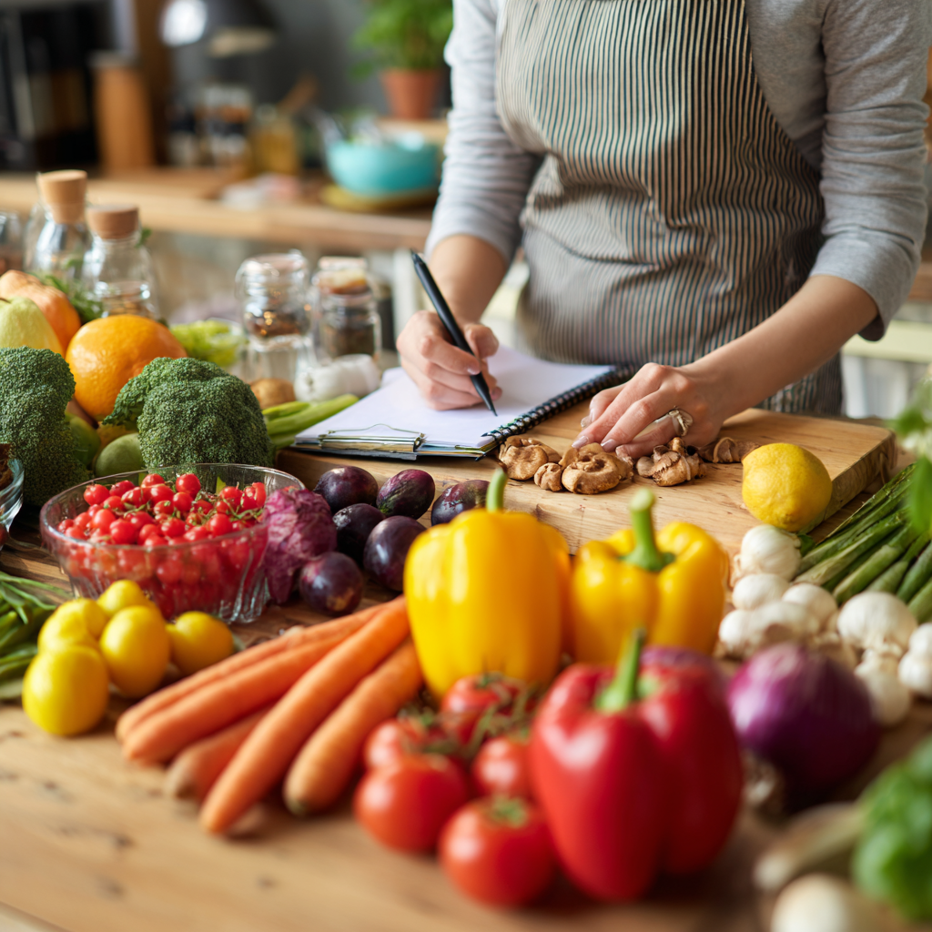 Professional nutritionist arranging colorful fresh ingredients for meal planning session