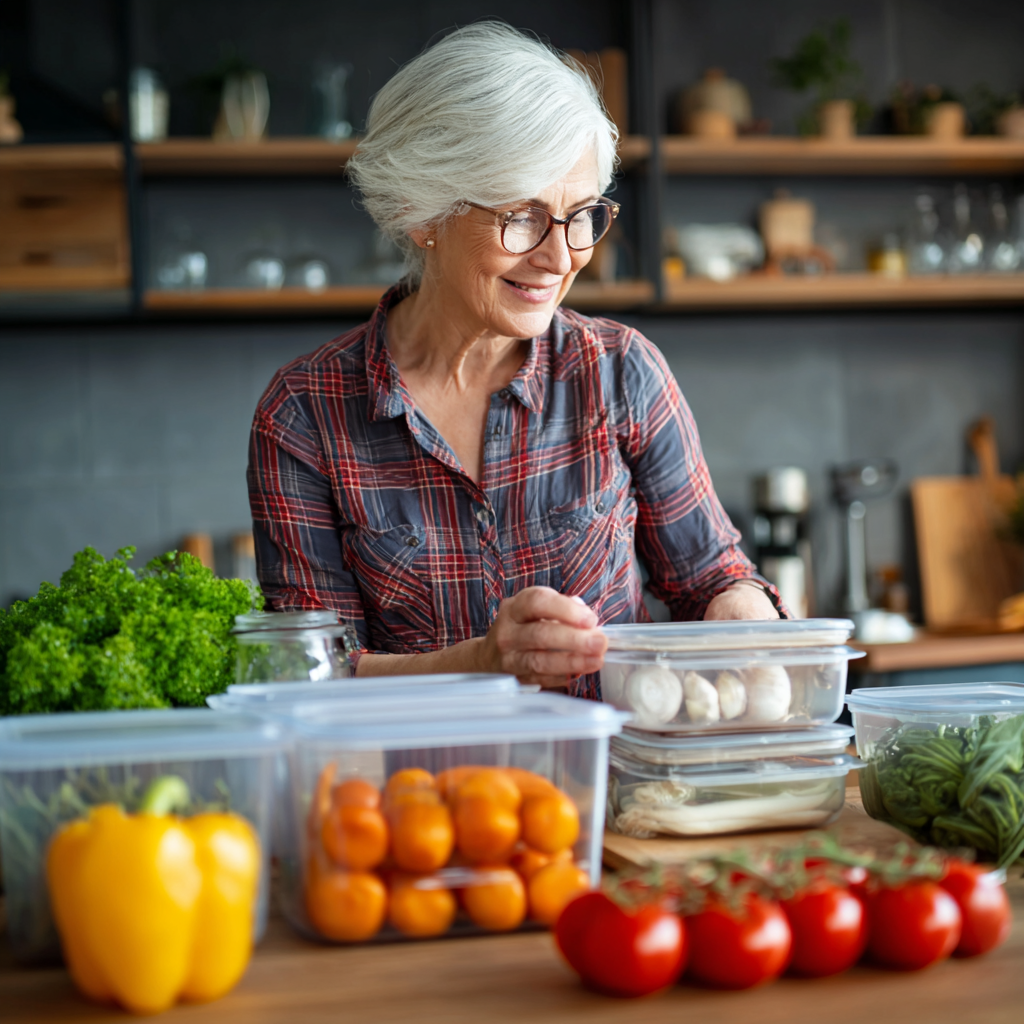 Senior woman organizing weekly meal preparation with fresh ingredients and containers